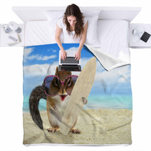 Funny Animal Squirrel With Sunglasses And Surfboard On The Beach Blankets 94133447