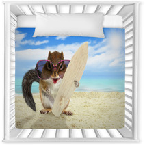 Funny Animal Squirrel With Sunglasses And Surfboard On The Beach Nursery Decor 94133447