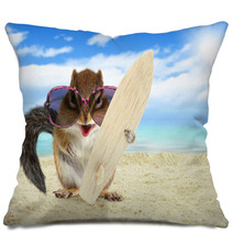 Funny Animal Squirrel With Sunglasses And Surfboard On The Beach Pillows 94133447