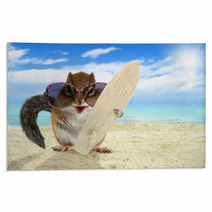 Funny Animal Squirrel With Sunglasses And Surfboard On The Beach Rugs 94133447