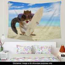 Funny Animal Squirrel With Sunglasses And Surfboard On The Beach Wall Art 94133447