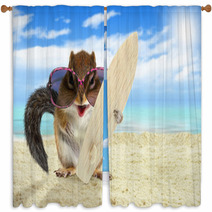 Funny Animal Squirrel With Sunglasses And Surfboard On The Beach Window Curtains 94133447