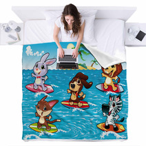 Funny Animals Are Surfing. Vector Illustration, Isolated Objects Blankets 29076340