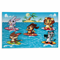 Funny Animals Are Surfing. Vector Illustration, Isolated Objects Rugs 29076340