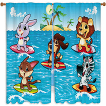 Funny Animals Are Surfing. Vector Illustration, Isolated Objects Window Curtains 29076340