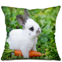 Funny Baby White Rabbit With A Carrot In Grass Pillows 57941839