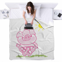 Funny Little Pig Cartoon Vector Illustration Blankets 225127657