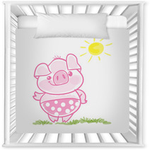 Funny Little Pig Cartoon Vector Illustration Nursery Decor 225127657
