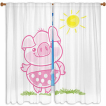 Funny Little Pig Cartoon Vector Illustration Window Curtains 225127657