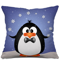 Funny Penguin Playing With Snowflakes Pillows 72618767