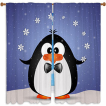 Funny Penguin Playing With Snowflakes Window Curtains 72618767
