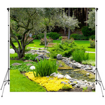 Garden With Pond In Asian Style Backdrops 46008614