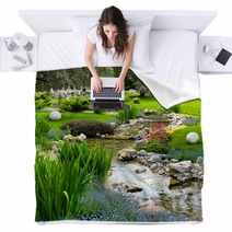 Garden With Pond In Asian Style Blankets 42438525