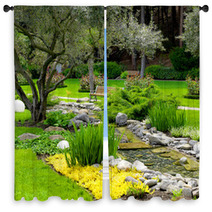 Garden With Pond In Asian Style Window Curtains 46008614