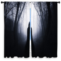 Ghostly Silhouette In Spooky Dark Forest Window Curtains 124038741