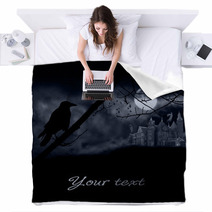 Ghosts, Old Gravestones, Moon And Black Raven Blankets 53906672