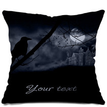 Ghosts, Old Gravestones, Moon And Black Raven Pillows 53906672