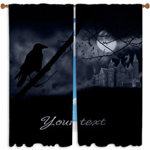 Ghosts, Old Gravestones, Moon And Black Raven Window Curtains 53906672