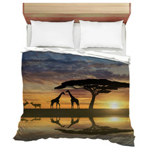 Giraffes With Kudu At Sunset Bedding 73819802