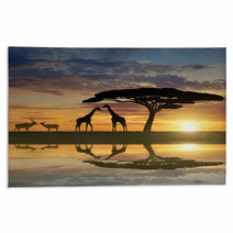 Giraffes With Kudu At Sunset Rugs 73819802