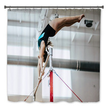 Girl Athlete Gymnast Exercises On Uneven Bars Bath Decor 136677938