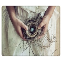 Girl Holding Blue Speckled Egg In Bird Nest On Lap Rugs 64772362