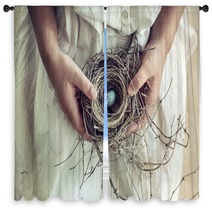 Girl Holding Blue Speckled Egg In Bird Nest On Lap Window Curtains 64772362