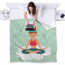Girl In A Lotus Pose Floating On A Cloud In The Sky Color Flat Illustration Blankets 182141705