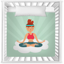Girl In A Lotus Pose Floating On A Cloud In The Sky Color Flat Illustration Nursery Decor 182141705