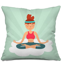 Girl In A Lotus Pose Floating On A Cloud In The Sky Color Flat Illustration Pillows 182141705