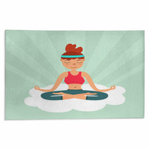 Girl In A Lotus Pose Floating On A Cloud In The Sky Color Flat Illustration Rugs 182141705