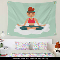 Girl In A Lotus Pose Floating On A Cloud In The Sky Color Flat Illustration Wall Art 182141705