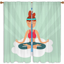 Girl In A Lotus Pose Floating On A Cloud In The Sky Color Flat Illustration Window Curtains 182141705