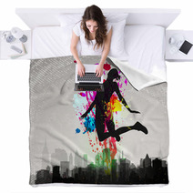 Girl Jumping Over City. Blankets 31105527
