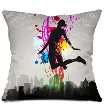 Girl Jumping Over City. Pillows 31105527