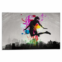 Girl Jumping Over City. Rugs 31105527
