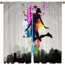 Girl Jumping Over City. Window Curtains 31105527