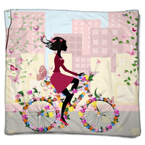 Girl On A Bicycle In The City Blankets 35266365