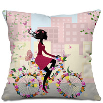 Girl On A Bicycle In The City Pillows 35266365