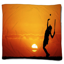 Girl Playing Tennis At Sunset Blankets 65544966