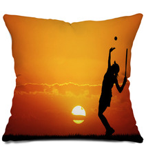 Girl Playing Tennis At Sunset Pillows 65544966