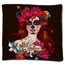 Girl With Sugar Skull Day Of The Dead Blankets 59840184