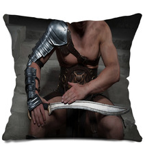 Gladiator In Armour Sitting On Steps Of Ancient Temple Looking A Pillows 68135059