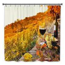 Glass Of Red Wine On The Terrace Vineyard In Lavaux Region, Swit Bath Decor 50713543