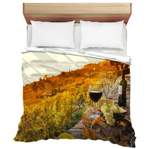 Glass Of Red Wine On The Terrace Vineyard In Lavaux Region, Swit Bedding 50713543