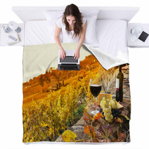 Glass Of Red Wine On The Terrace Vineyard In Lavaux Region, Swit Blankets 50713543
