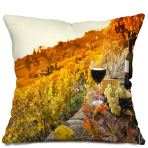 Glass Of Red Wine On The Terrace Vineyard In Lavaux Region, Swit Pillows 50713543