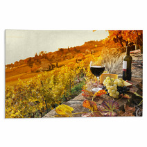 Glass Of Red Wine On The Terrace Vineyard In Lavaux Region, Swit Rugs 50713543