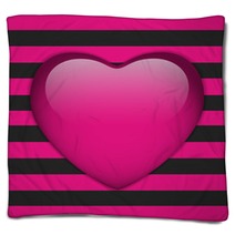 Glossy Emo Heart. Pink And Black Stripes Blankets 57674867