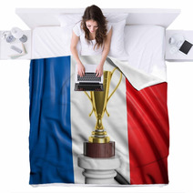 Golden Trophy With French Flag In Background Blankets 67324448